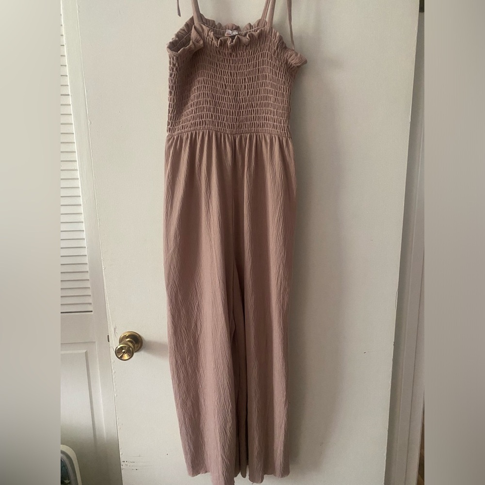 Boutique Beige Smocked Jumpsuit